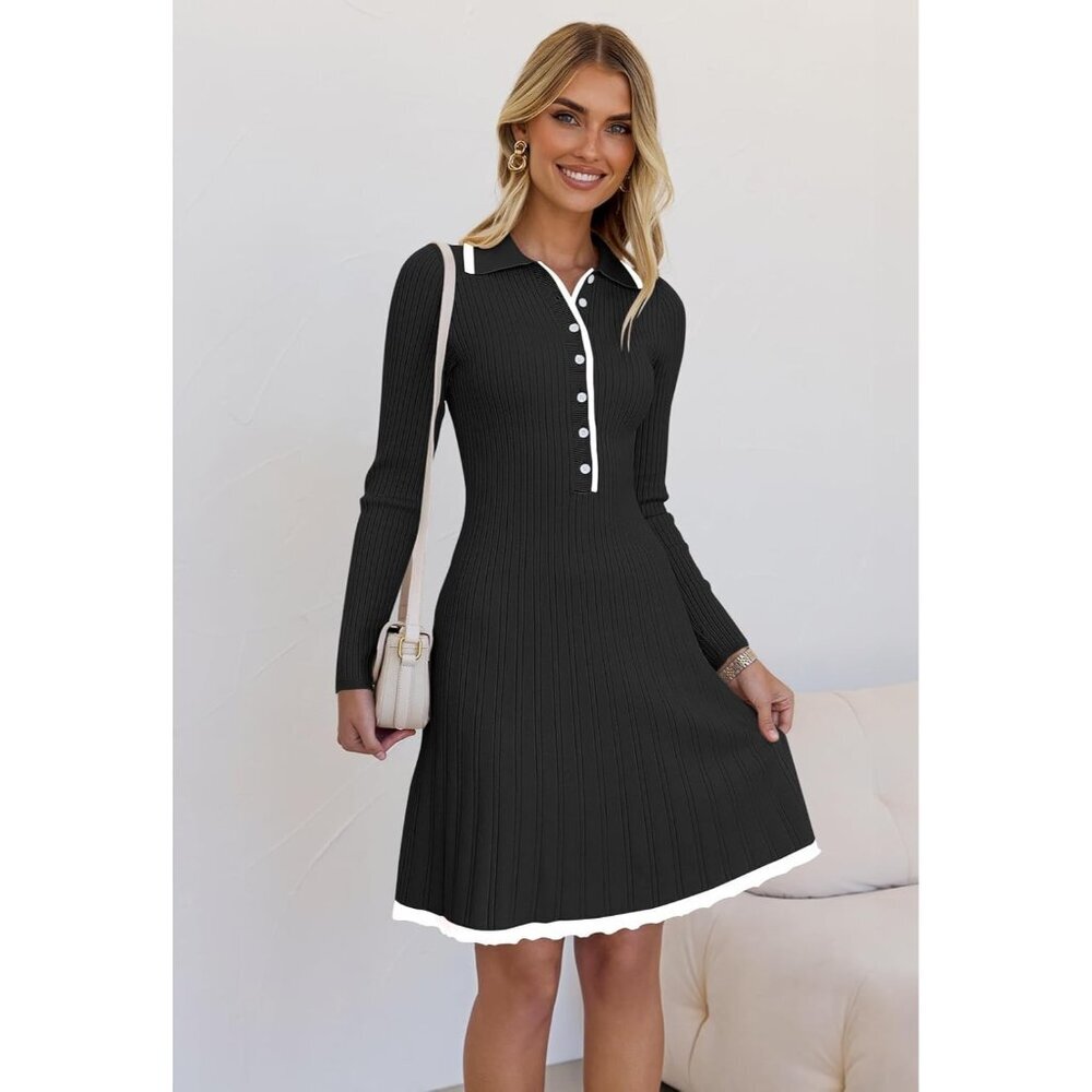 Merokeety Women's Black Long Sleeve V Neck Button Knit Pleated Sweater Dress - Picture 7 of 7